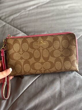 Coach Brown Signature Wristlet with Pink Trim